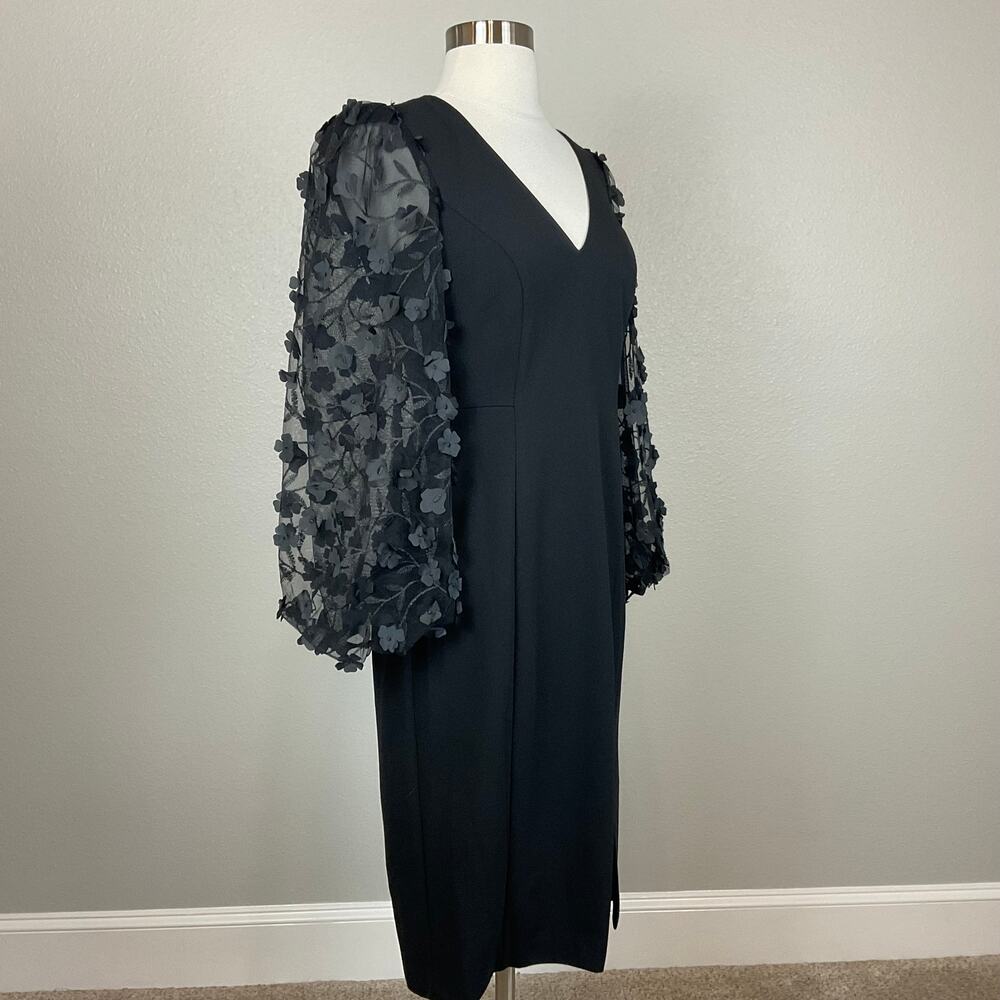 Eliza J Black Cocktail Dress Embroidered Floral Long Sleeve Midi Sheath Size 6 - Picture 3 of 13